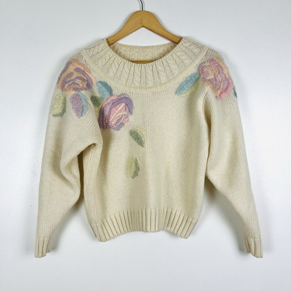 Vintage Renee Tener for Jeanne‎ Pierre Sz L Embroidered Pastel Sweater Coquette - Picture 1 of 8